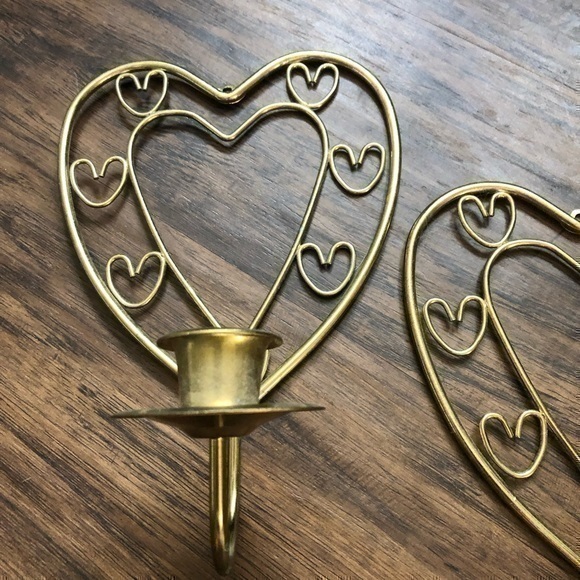 Vintage / Antique Cottagecore Heart Shaped Brass Candle Holder Sconces Decor Set - Picture 4 of 11